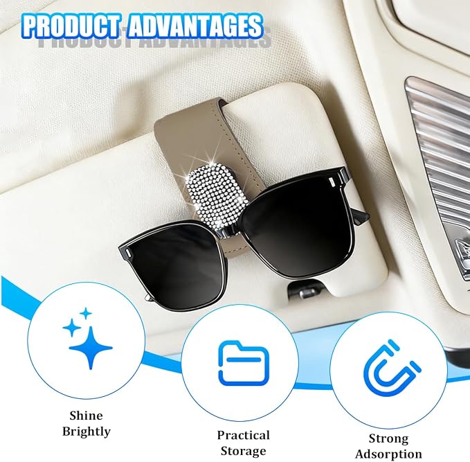 Bling Car Sun Visor Sunglasses Holder, Crystal Rhinestone Leather Visor Eyeglasses Ticket Card Mounter Clip, Shiny Diamond Auto Glasses Hanger Holder, Universal Fit (Beige/White) - Image 3