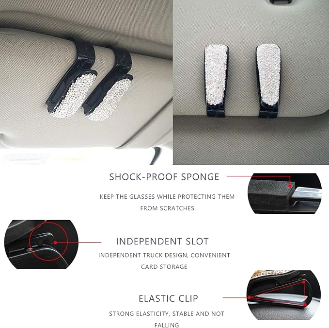 2 Pcs Bling Sunglasses Holders for Car Sun Visor, Bling Crystal Sunglasses Hanger, Fashion Ticket Card Clip Eyeglasses Mount for Women Girls (White) - Image 3