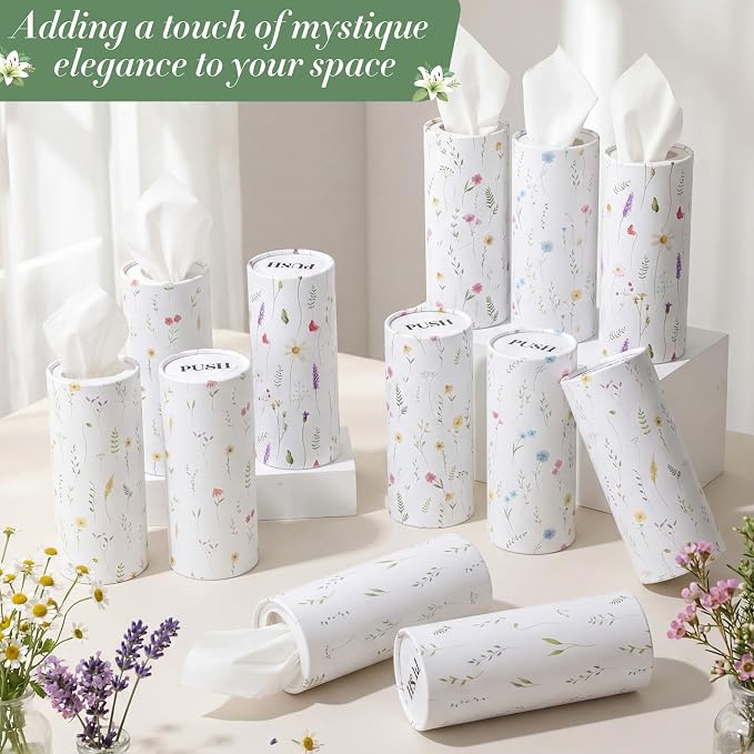 Outus 12 Pcs Floral Car Tissue Holder Cylinders with 3 Ply Facial Tissue Bulk, Portable Paper Dispenser for Cup Holder, Travel Bathroom Table Decor, Tissues Boxes Container for Home Office Party - Image 4