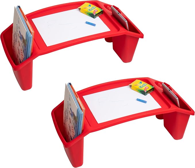 Mind Reader Kids Lap Desk, Portable Activity Tray with Side Storage, Stackable Plastic Desk for Drawing, Snacks, Study, Set of 2, Red by MindReader