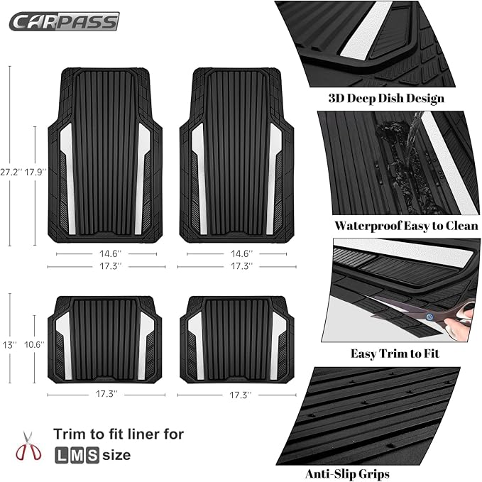 CAR PASS Heavy Duty Rubber Car Mats Metallic,Aluminum Film All Weather Floor Mats Waterproof Universal Trim to Fit SUVs Sedans Vans 4 Piece Anodized Deep Dish Two-Tone Sporty Black White Chrome - Image 4