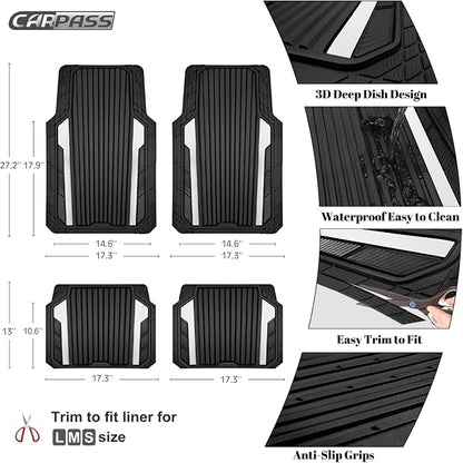 CAR PASS Heavy Duty Rubber Car Mats Metallic,Aluminum Film All Weather Floor Mats Waterproof Universal Trim to Fit SUVs Sedans Vans 4 Piece Anodized Deep Dish Two-Tone Sporty Black White Chrome - Image 4