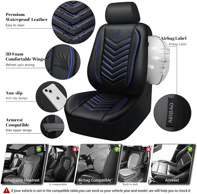 CAR PASS 3D Foam Faux Leather Seat Covers Full Set, Waterproof Leather Seat Cover for Cars, Luxury Universal Fit for SUV Truck Sedan Automotive, Armrest Airbag Compatible Anti-Slip, Black and Blue - Image 3