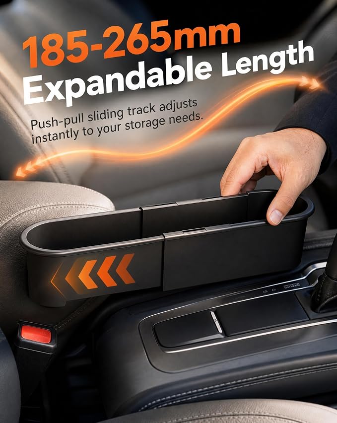 Expandable Car Seat Gap Filter Organizer, Adjustable 185-265mm | Universal front seat console side pocket, sliding gap storage box, fits phone keys wallet, seat gap filler, stop drops - Image 2