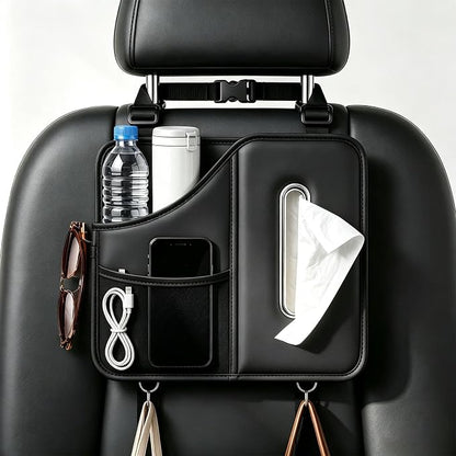Car Tissue Holder, Leather Back Seat Organizer with Cup Holder & 2 Hooks | | Fits 100-160 Count Tissue Boxes, Keeps Drinks & Small Items Within Reach,3 Storage Pockets, Secure Headrest Mount by Cozilo