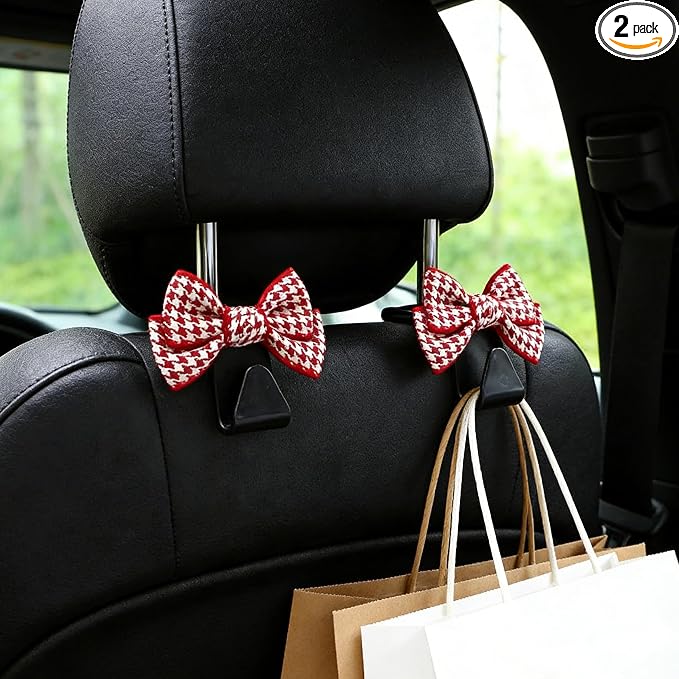2PCS Car Seat Headrest Hooks, Car Purse Hook, Cute Bow Knot Vehicle Seatback Hanging Storage Organizer, Auto Seatback Decor Organizer Hanger for SUV Truck (Small Houndstooth/Red) by Unknown