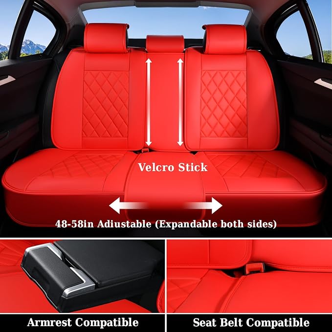 Coverado Car Seat Covers Full Set, 5 Seat Universal Seat Cover for Cars, Luxury Faux Leather Waterproof Seat Cover, Front and Back Car Seat Protector, Auto Seat Covers Fit for Most Vehicles, Red - Image 4