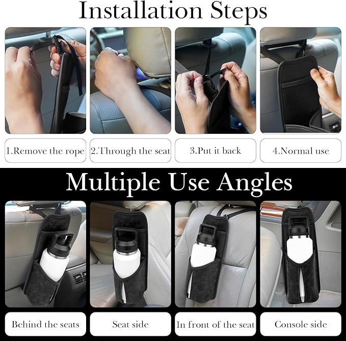 Linkidea Car Seat Side Large Water Bottle Holder Compatible with Owala FreeSip 24oz/32oz, Yeti Rambler 26oz/36oz, Auto Seat Large Car Bottle Hanging Storage Organizer with Mesh Pocket, Black - Image 5