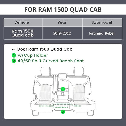 EKR Ram 1500 Seat Covers Custom Fit for (Quad Cab) RAM 1500 Laramie/Rebel 2019 2020 2021 2022,Waterproof Black Car Seat Cover for Trucks Full Set-Faux Leather(Black) - Image 2