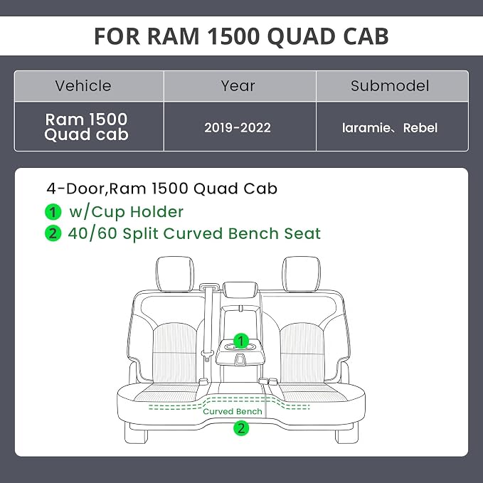 EKR Ram 1500 Seat Covers Custom Fit for (Quad Cab) RAM 1500 Laramie/Rebel 2019 2020 2021 2022,Waterproof Black Car Seat Cover for Trucks Full Set-Neoprene(Black) - Image 2