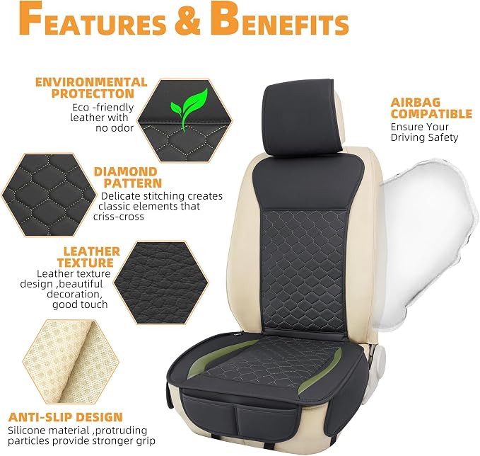 Elantrip Leather Car Seat Covers Front 2PC Black Green Waterproof | Unique black faux leather + green stitching — standout diamond-quilted style - Image 4