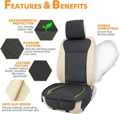 Elantrip Leather Car Seat Covers Front 2PC Black Green Waterproof | Unique black faux leather + green stitching — standout diamond-quilted style - Image 4