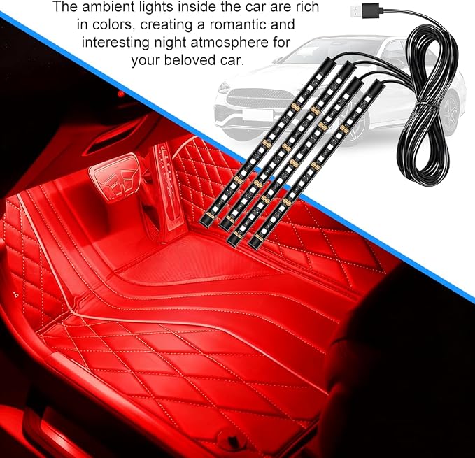 Car LED Strip Light, 12V 48 LED Vehicle Under Dash Neon Ambient Night Decor Lamp with USB Port, Automotive Interior Lighting Accessories, Universal for SUV Truck Sedan (Red) - Image 3
