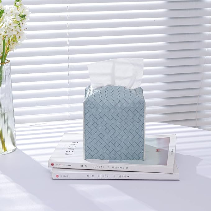 Tissue Box Cover Square Leather Facial Paper Holder, PowderBlue | PU Leather，Easy to Fill, Easy Clean, Decorative Cube Tissue Box Holder for Office, Bathroom,Kitchen, Living room, Guest room - Image 2