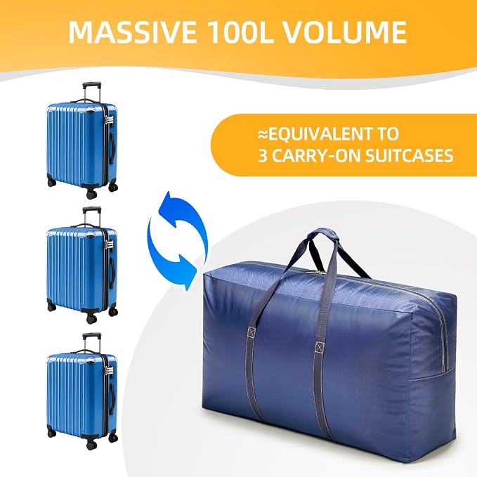 Extra Large travel duffel bag with Strong Handles, 100L Waterproof duffel bag, Durable Zippers, Extra Large Storage Totes for Space Saving and Moving Supplies, Blue - Image 7