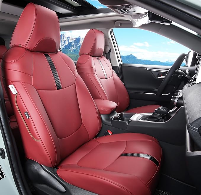 Custom Fit RAV4 (for Hybrid) Seat Covers Full Set for Toyota RAV4 Hybrid 2019 2020 2021 2022 2023 2024 2025 with Waterproof Faux Leather (Wine red, LU01-Hybrid) by Unknown