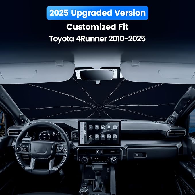 Windshield Sun Shade Umbrella for Toyota 4Runner 2010-2026 | Upgraded 360° Bendable Handle, Dashboard Protection, 10-Rib Frame, Ice Crystal Coating, UV & Heat Block, 4Runner Accessories - Image 2
