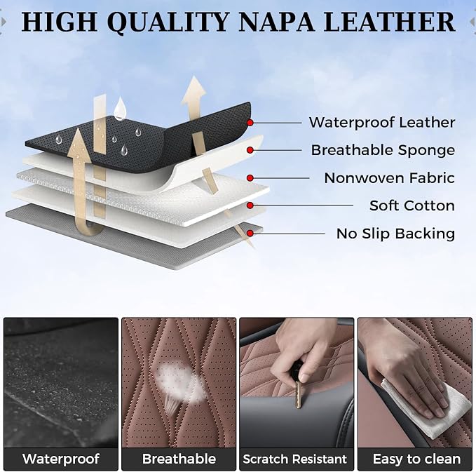 Coverado Seat Covers FullSet, 5 Seats Car Seat Protector, Waterproof Nappa Leather Cushion, Front & Rear Fit for Most Sedans SUV Pick-up Truck-Black&Coffee - Image 8