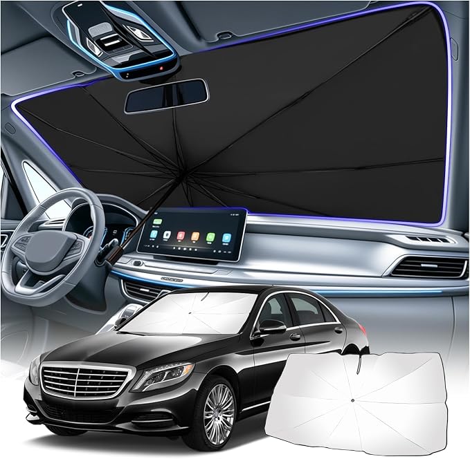 Car Windshield Sun Shade,Foldable Windshield Umbrella Sun Shade for Car for Reflecting Heat,Titanium Silver Umbrella Sunshade for Cars Windshields with Storage Pouch by Unknown