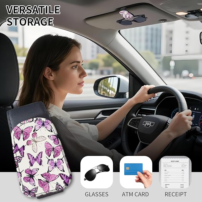 Sunglasses Holder for Car Visor, PU Leather Glasses Clip Organizer, Cute Magnetic Eyeglass Holder for Vehicle Sun Visor, Car Interior Accessory for Women & Men Pink Purple Butterflies - Image 2