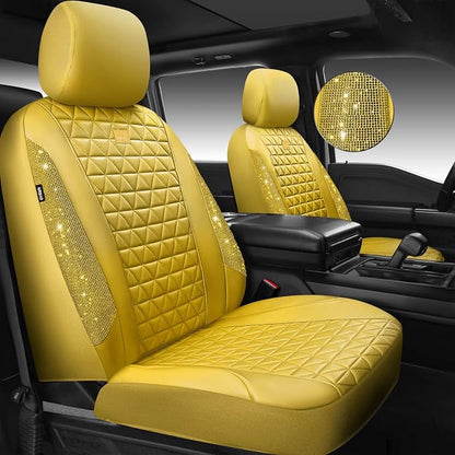CAR PASS Yellow Bling Diamond Leather Car Seat Cover Full Sets,Waterproof Shining Glitter Sparkly Crystal Universal Fit for Automotive Truck SUV Cute Women Girl Airbag Compatable,All Yellow Rhinestone - Image 2