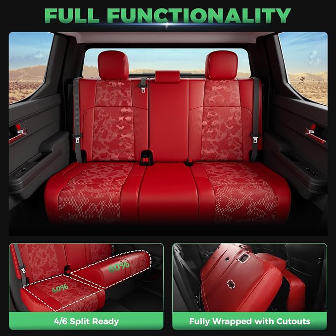 RIDEPOSH Custom Leather Seat Covers for Toyota Tacoma Double Cab 2024-2026 | full set, camo red, OEM fit, premium waterproof leather, anti-slip, extra pockets, long-term durability, airbag compatible - Image 6