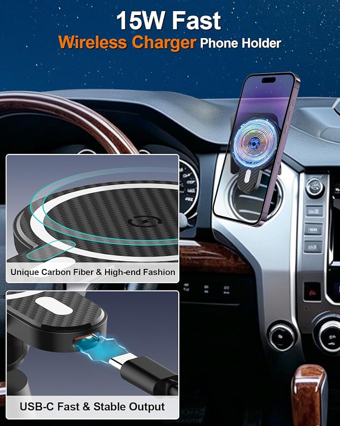 PZK Car Phone Mount for Toyota Tundra 2014-2021 Accessories Custom Air Vent | Magnetic 15W Fast Wireless Charger Car Phone Holder 360° Rotation Hands Free Fixed Clip Magsafe Tundra Cell Phone Cradles - Image 4