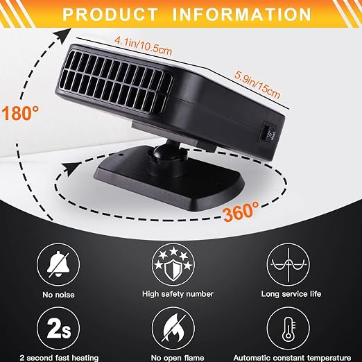 Portable Car Heater & Defroster – 12V 200W Fast Heating and Cooling Fan | Plug in Cigarette Lighter Windshield Defogger,with 360° Rotatable Portable Car Heaters for Vehicle, SUV & RV - Image 7