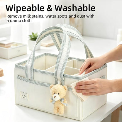 Portable Diaper Caddy Compatible with Skip Hop, Foldable Nursery Storage Tote with Removable Divider, Side Pockets & Cute Bear Pendant for Changing Table, Car & Home - Image 6