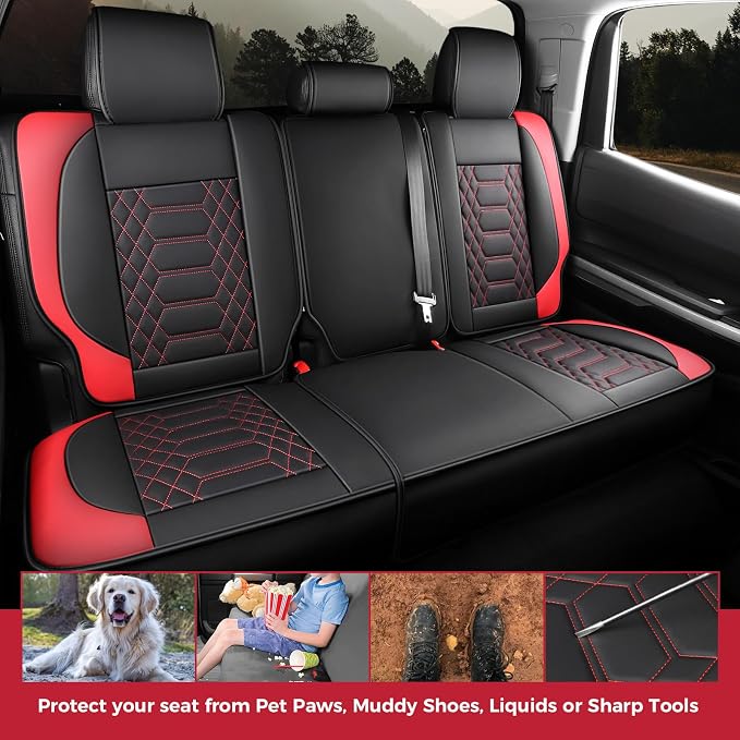 FREESOO Custom for Toyota Tundra Seat Covers 2022-2026 Crewmax Double Cab | Custom Fit, Full Set, 60/40 Split Bench, Waterproof Leather, for Truck Toyota Tundra Accessories, BlackRed - Image 7