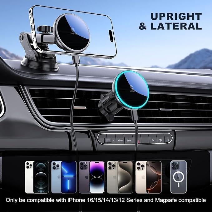 for Mag-Safe Car Mount Charger Dash Windshield Vent Magnetic Phone Holder | Wireless Car Charger with LED Light Car Phone Holder for iPhone 17 16 15 14 13 12 Series for MagSafe - Image 3