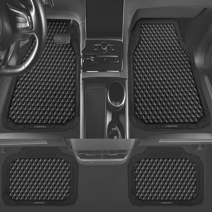 CAR PASS Black Rubber Car Mats, All-Weather Floor Mats Full Set Durable Anti-Slip 3D Rhombus Waterproof Automotive Pad Trim to Fit Liner Universal Fit for Sedan SUV Truck Van, 4 Pcs All Black Rubber - Image 3