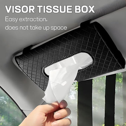 Car Tissue Holder, PU Leather Sun Visor Tissue Box (Plaid-Black) | Wear-Resistant & Waterproof, Napkin & Mask Dispenser, Metal Memory Clips, Easy Refill, Fits Most Vehicles - Image 6