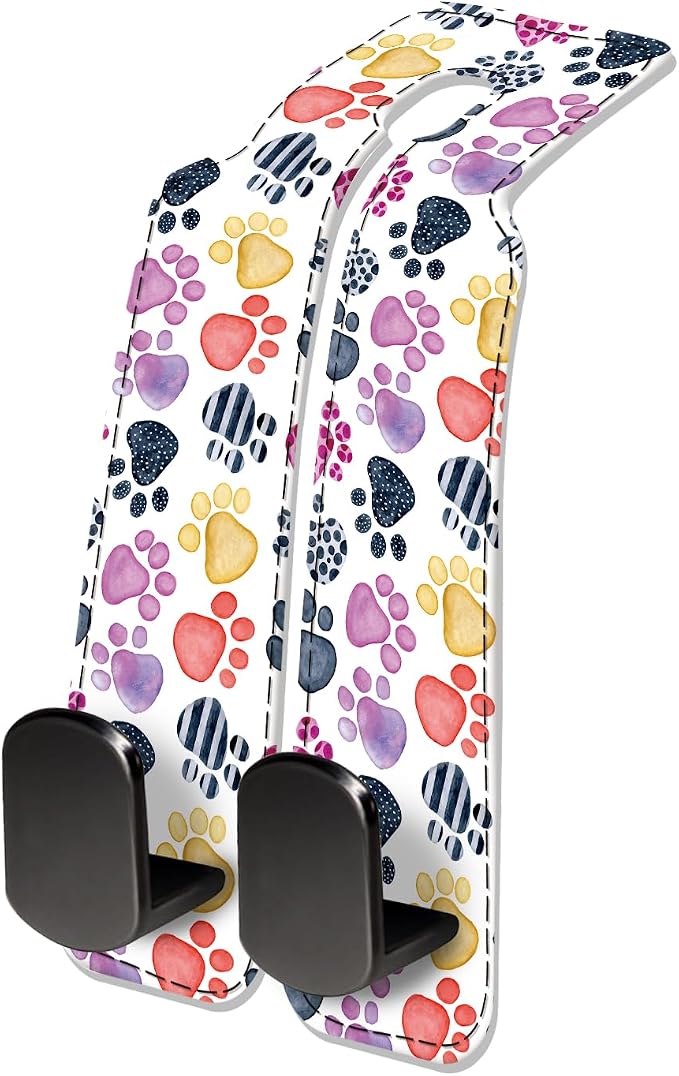 Car Seat Headrest Hook, Universal Leather Cute Hanger Holder Hook, Storage Organizer Interior Accessories for Purse Bags Handbag Cute Colorful Dog Paws by NUGGHU