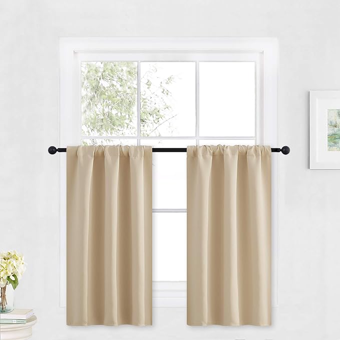 RYB HOME Cafe Curtains 30 inch Length, Short Window Curtain Tiers | Light UV Heat Blocking,Energy Saving,Privacy,For Basement Bathroom Kitchen Window,W29 x L30,Biscotti Beige,2 Panels by RYBHOME