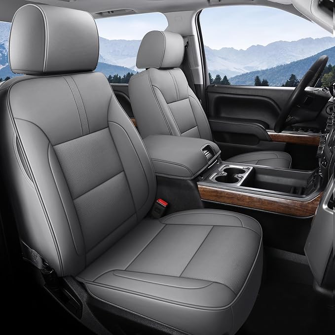 Coverado Chevy Silverado Seat Covers Full Set, Faux Leather Car Seat Covers Fit for 2014-2018 1500, 2015-2019 2500HD 3500HD Chevy Silverado GMC Sierra Crew Double Extended Cab (Gray) by COVERADOAUTO