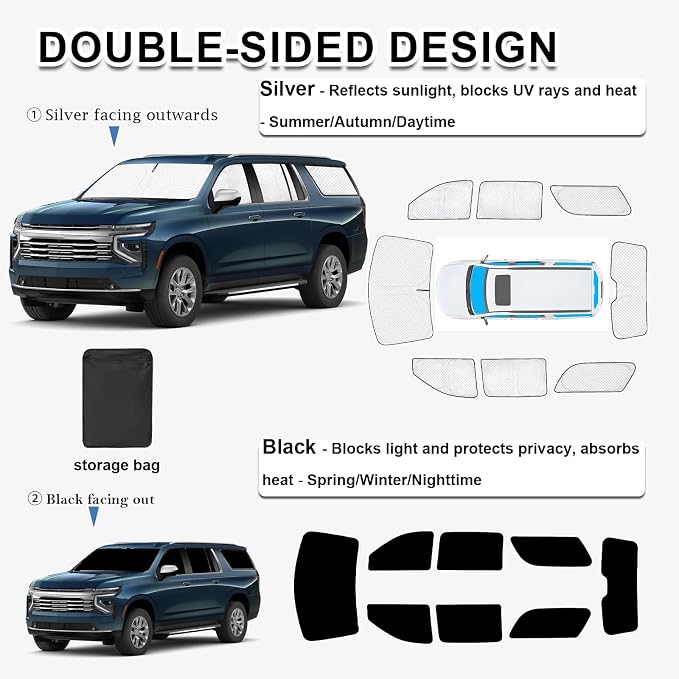 KMF 8pcs Thicken Sun Shades for Chevrolet Chevy Suburban 2021-2026 Accessories, Car Full Window Covers Sunshade for Windshield Side Rear, UV Block and Blackout Privacy for Camping Outdoor - Image 4