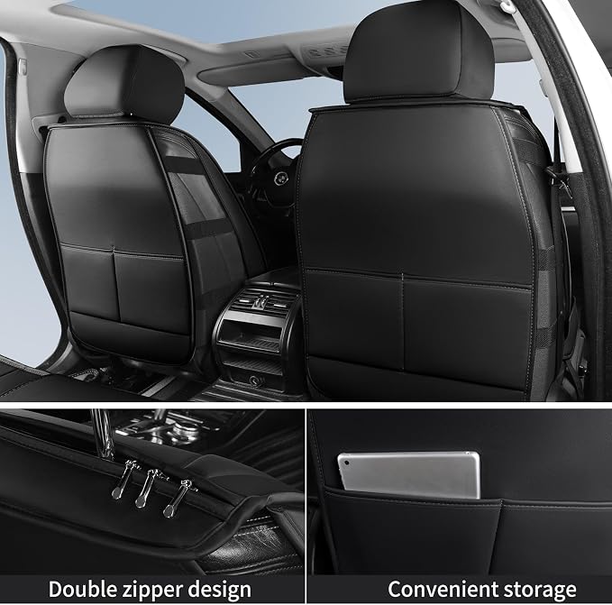 HChengkikz Car Seat Cover, Faux Leather, Waterproof (Black + White) | Breathable, Airbag Compatible, Easy Maintenance, Universal Fit for Most Sedans SUVs Pick-ups Trucks - Image 3