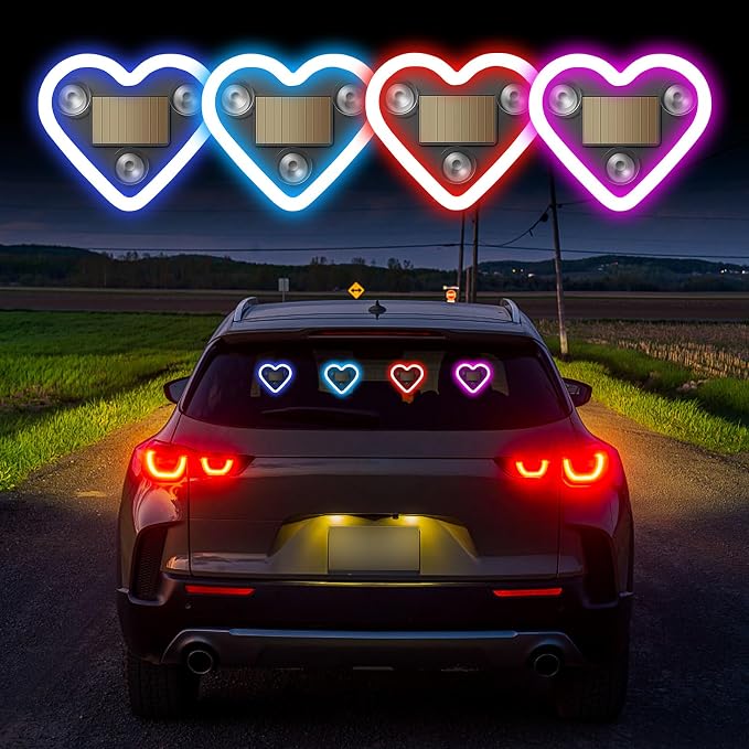 4PCS Car Window Wireless LED Ambient Light Solar Powered Love Heart Shaped Neon Lamp for Night Driving Interior Decor Accessories Romantic Gift for Women Girl Couples-Blue - Image 2