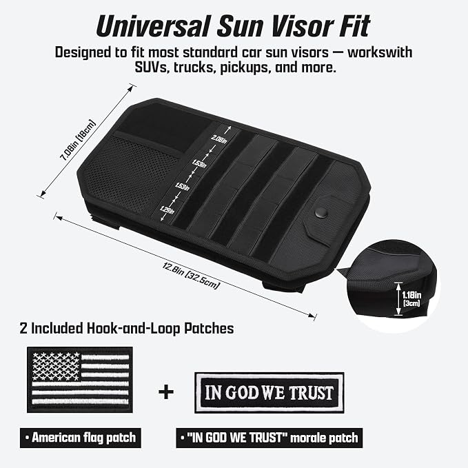 Heavy Duty Car Sun Visor Organizer with Sunglasses Holder | Universal Tactical Organizer, MOLLE Panel, Mesh Pouch + Pen Slots + Zipper Pockets, 1000D Polyester, Esay Installation - Image 9