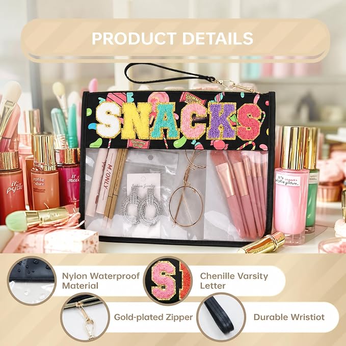 Siwara Snack Bags Clear Pouch Travel Makeup Bag Chenille Letter Bags for Zipper Pouch Clear Cosmetic Bag Clearly Tote Bag Makeup Travel Bags for Women - Image 3