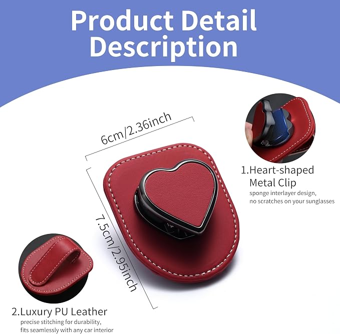 Sunglass Holder for Car, Heart Shape Leather Car Visor Sunglasses Holder, Universal Car Interior Visor Accessories - Image 6