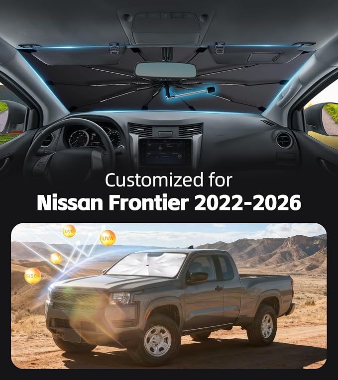 Windshield Sun Shade for Nissan Frontier 2022-2026 with 360° Rotating Shaft | Custom Fit Umbrella Sunshade for UV Blocking, Interior Heat Protection, Easy Storage, UPF 50+ Cool Windshield Cover - Image 2