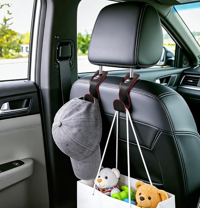 EldHus Car Seat Hooks for Purses and Bags, 4 Pack Car Purse Holder for Grocery Bag Handbag Clothes, Metal Headrest Hooks Covered by Leather, Black Red - Image 7