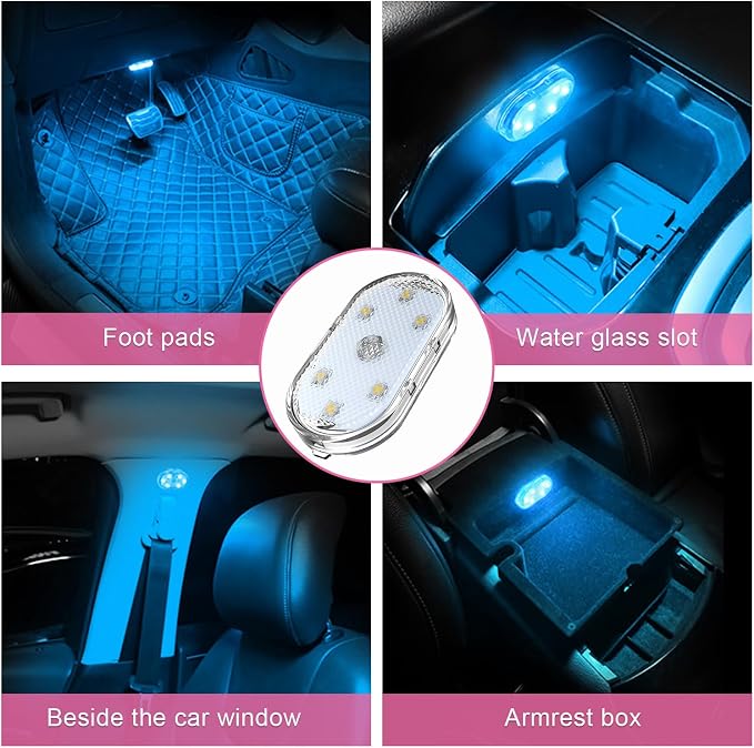 povtii 2 PCS Wireless Led Lights for Car Interior, 7 Colors Magnetic Auto Ambient Light with 6 Bright LED Lamp Beads, USB Rechargeable Vehicle Led Night Light, Car Accessories (Ice Blue) - Image 6