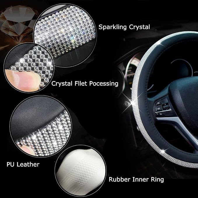 New Diamond Leather Steering Wheel Cover with Bling Crystal Rhinestones | Large-Size of 15 1/2 inches-16 inches Black - Image 5
