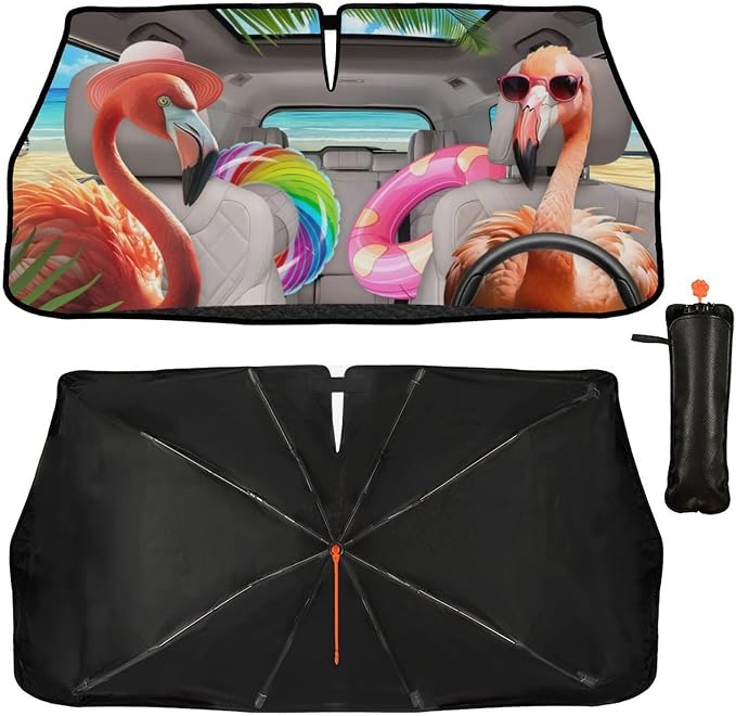 Funny Flamingo Driving Car Windshield Sunshade Umbrella Funny Flamingos Sun Shade for Car Windshield Umbrella Upgraded Sunshades Blocks UV & Heat Front Window Shades for SUV Sedan Auto by Unknown