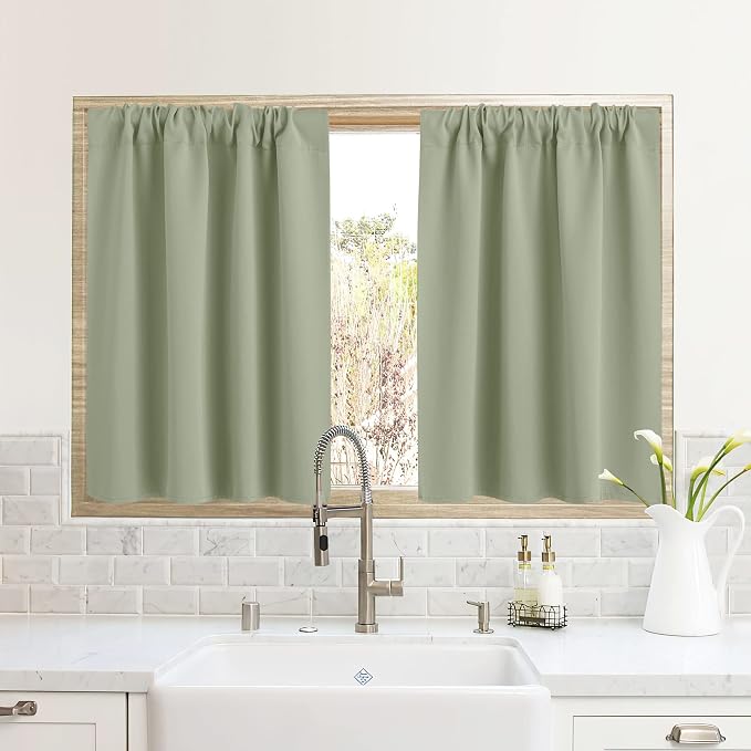 RYB HOME RV Curtains for Camper Windows, Mini Small Blackout Curtain Tiers | Thermal Insulated,Sunlight Heat Light Blocking,Privacy Portable Curtains for Travel Trailer,W34 x L24,Sage Green,2 Panels by RYBHOME