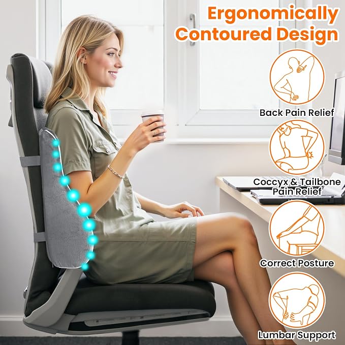 CloudBliss XL Lumbar Support Pillow, Memory Foam for Office, Light Gray | Ergonomic High-Density Memory Foam, Adjustable Straps, Washable Mesh Cover, Lower Back Support for Office, Gaming & Car Seat - Image 6