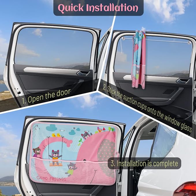 DIZA100 Car Sun Shade for Window Baby, 2 Pack Full Shade Window Shades with Storage Net Pocket, 7 Suction Cups, Cute Elephant for Sun/Heat/UV Rays Protection, Kids - Image 4